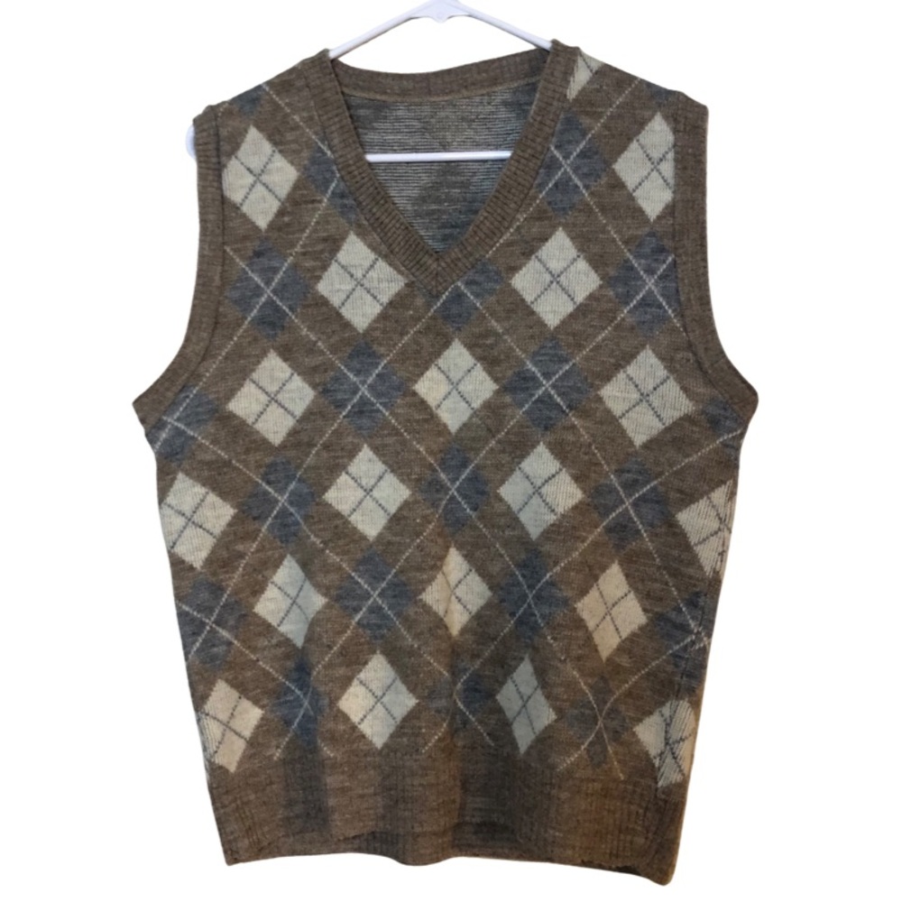 Vintage Wool Sweater Vest Blue and Tan Argyle